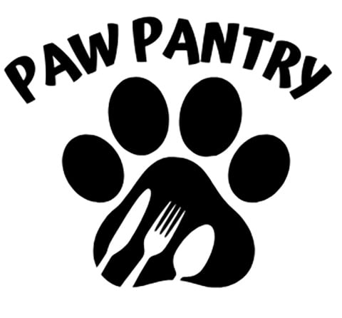 PAW Pantry logo. A lion paw print with a knife, fork, and spoon on it.